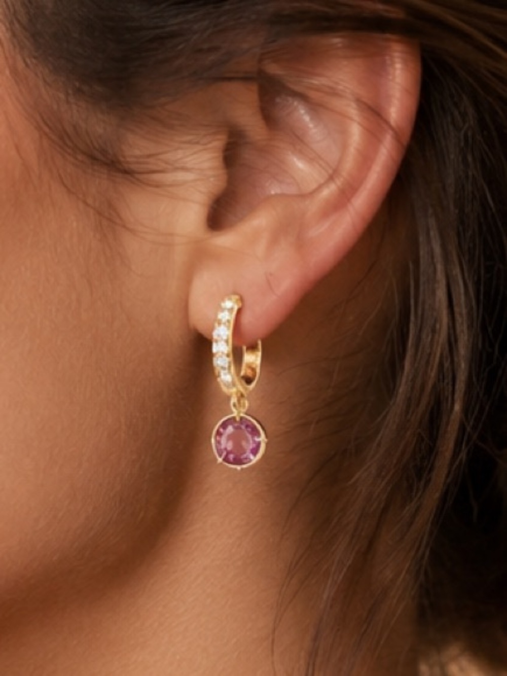 18K Gold Filled AAA CZ + amethyst Huggies